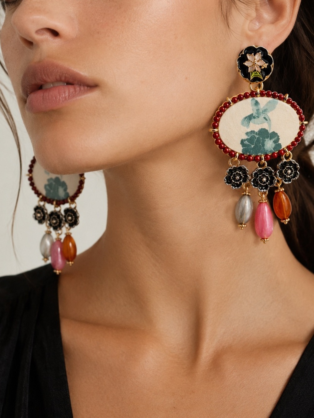 Vintage Inspired Flower Earrings Beaded Drop - Picture 3 of 5